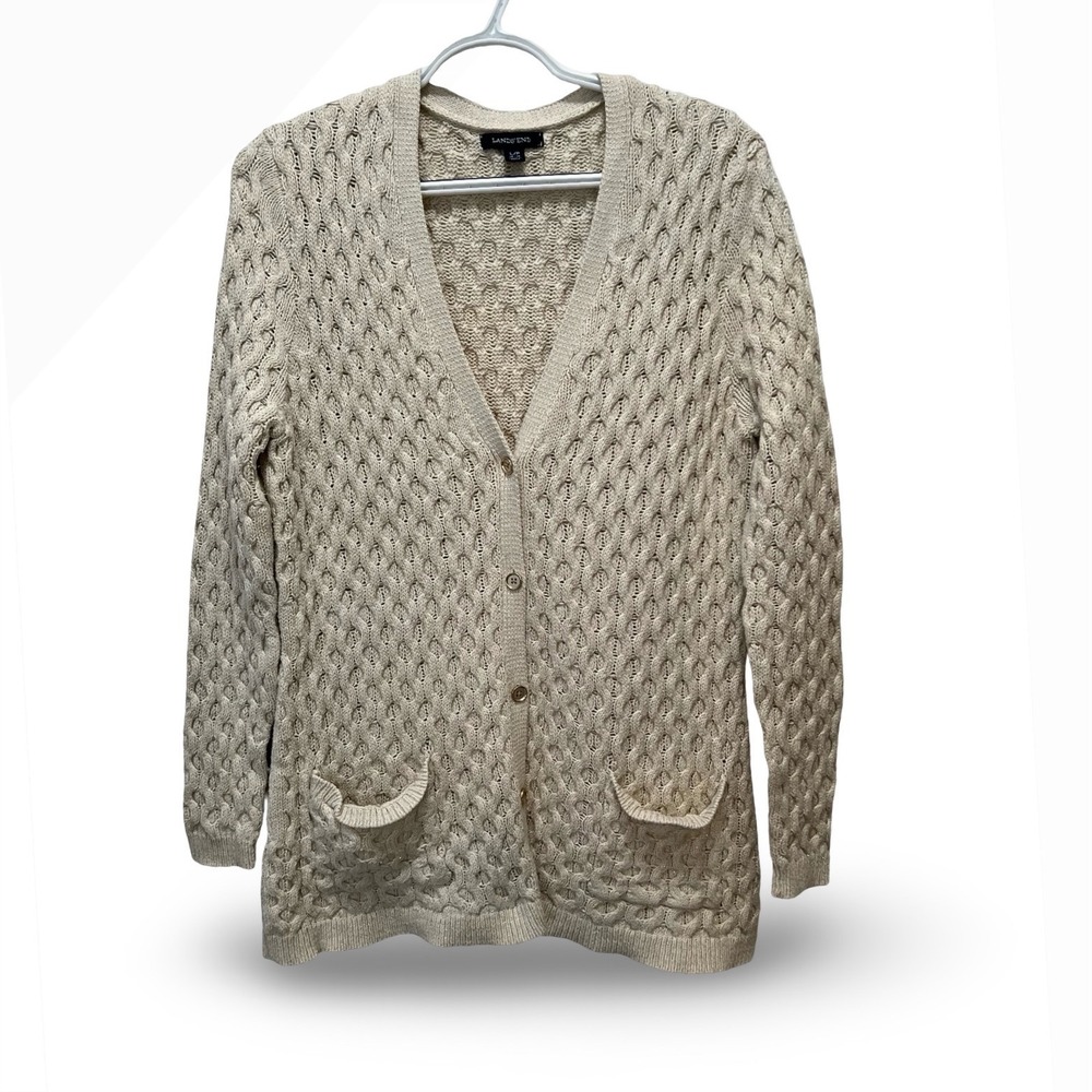 Lands End Womens L 14-16 Metallic Honeycomb Cable Knit Cardigan Sweater Beige